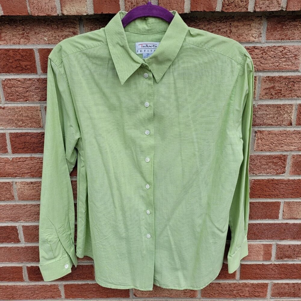 Vintage Talbots Petites Button Up Shirt Women's Size 12p Green 100% Cotton